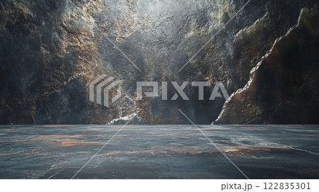 Large, rocky area with a large, empty space in the middle. The emptiness of the space gives the impression of a vast, desolate landscape 122835301