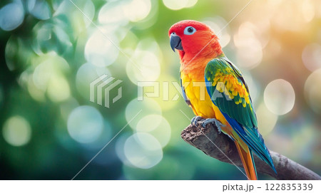Colorful parrot perched on a branch in a lush green forest. The bird's bright colors and the vibrant surroundings create a sense of joy and liveliness 122835339