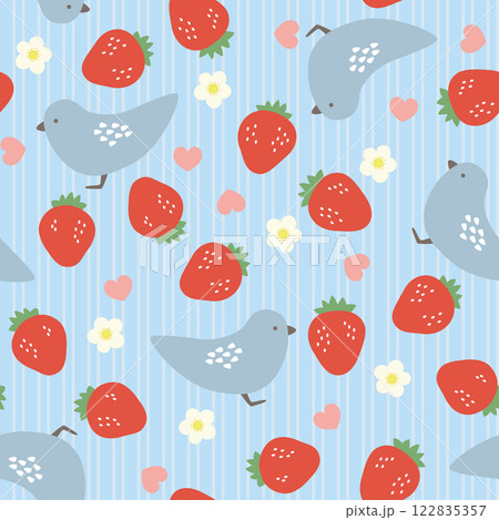 苺と鳥のかわいいシームレスパターン背景素材青色ストライプ 122835357
