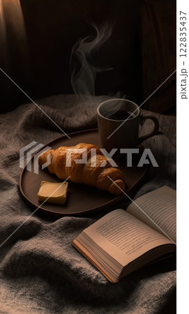 Rustic breakfast with steaming coffee, croissant, and butter on a cozy blanket 122835437