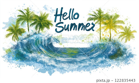 Hello summer wave with palm trees in a colorful splash of watercolor inviting the spirit of fun 122835443