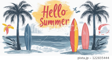 Hello summer beach scene with surfboards palm trees and ocean waves 122835444