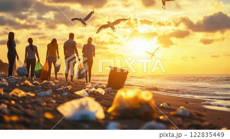 Group of volunteers cleaning a polluted beach at sunset 122835449