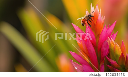 Honeybee collecting nectar from a vibrant tropical flower 122835458