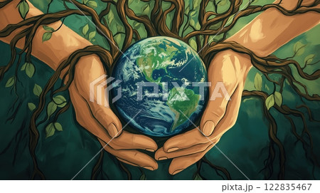 Hands embracing Earth in a digital artwork of sustainability 122835467