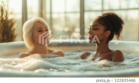 Senior women chatting in a hot tub in a serene spa environment 122835486