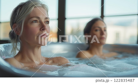 Woman enjoying a hot tub in a tranquil indoor setting Woman enjoying a hot tub in a tranquil indoor setting 122835487