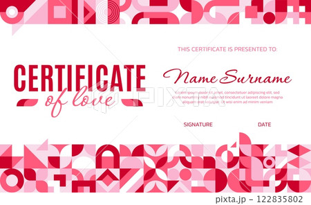 Valentines day diploma certificate with geometric abstract pattern. Vector festive charming template, elegant certificate of love in shades of pink featuring graphic shapes along the top and bottom 122835802