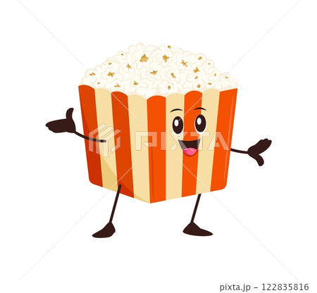 Cartoon funny popcorn box fast food character. Vector pop corn bucket personage with cute smiling face. Tasty snack for cinema with positive emotion, filled with fried corn pieces in striped carton 122835816