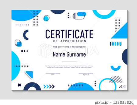 Diploma certificate template with geometric Memphis shapes. Vector appreciation, honor trophy frame with abstract figures, elements, vibrant blue colors, place for recipient name, date and signature 122835826