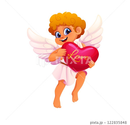 Valentines day cherub cupid angel character with a heart. Cartoon vector winged personage holding a red heart. Cute and playful Amour embodies love, joy and romance for romantic event celebrations Valentines day cherub cupid angel character with a heart. Cartoon vector winged personage holding a red heart. Cute and playful Amour embodies love, joy and romance for romantic event celebrations 122835848