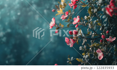 Beautiful pink flower with green leaves is in the foreground of a blue background. The flower is surrounded by other flowers, creating a sense of abundance and growth 122835933