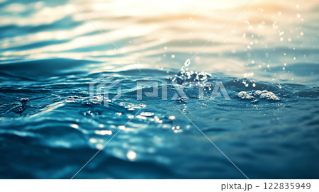 The water is calm and still, with a few drops of water falling from the sky. The sky is a beautiful shade of blue, and the water is a deep shade of blue as well 122835949
