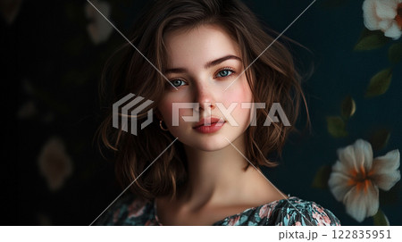 Woman with brown hair and blue eyes is standing in front of a floral wall. She is wearing a floral dress and has a pinkish tint to her cheeks 122835951