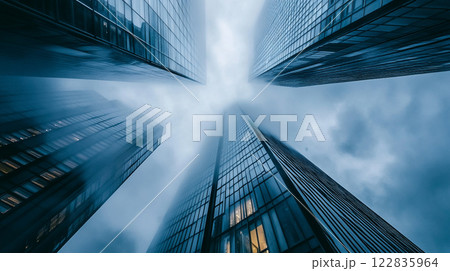 City skyline with four tall buildings and a cloudy sky. The buildings are all made of glass and are very tall City skyline with four tall buildings and a cloudy sky. The buildings are all made of glass and are very tall 122835964