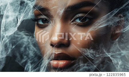 Woman's face is obscured by a sheet of plastic. The image is a close up of the woman's face, with her eyes looking up at the camera. The plastic sheet creates a sense of mystery and intrigue Woman's face is obscured by a sheet of plastic. The image is a close up of the woman's face, with her eyes looking up at the camera. The plastic sheet creates a sense of mystery and intrigue 122835965