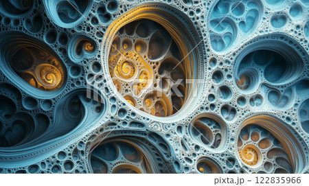 Blue and yellow abstract painting with many small circles. The circles are of different sizes and colors, and they seem to be overlapping each other. The painting has a sense of movement and depth 122835966