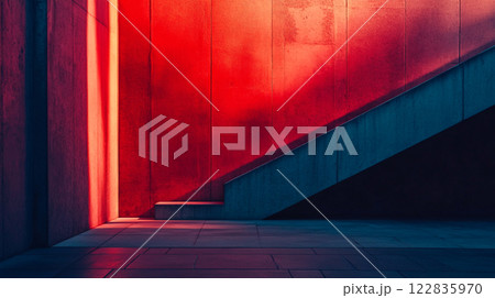 Red and blue staircase is shown in a dark room. The staircase is empty and the room is dimly lit. Scene is somber and quiet 122835970