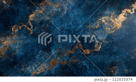 Blue and gold background with a swirl of gold and blue. The blue and gold swirls are very close together, creating a sense of depth and movement 122835974