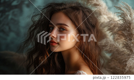 Woman with long brown hair and a red lipstick. She is looking at the camera. The image has a warm and inviting mood Woman with long brown hair and a red lipstick. She is looking at the camera. The image has a warm and inviting mood 122835975