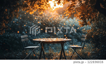 Table with two chairs and a lot of leaves on it. The leaves are falling from the trees and the sun is shining on the table Table with two chairs and a lot of leaves on it. The leaves are falling from the trees and the sun is shining on the table 122836016