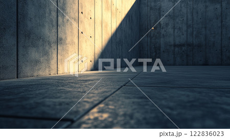 Dark room with a wall and a floor. The wall is made of concrete and the floor is made of tiles Dark room with a wall and a floor. The wall is made of concrete and the floor is made of tiles 122836023