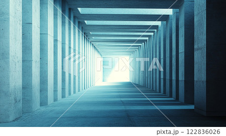 Long, narrow hallway with blue walls and pillars. The hallway is empty and the light is shining through a window 122836026