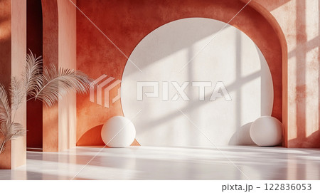 White room with a red wall and a white circle in the middle. The room is empty and has a minimalist feel White room with a red wall and a white circle in the middle. The room is empty and has a minimalist feel 122836053