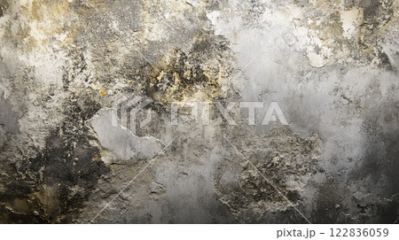 Wall with a lot of cracks and holes. The wall is covered in dirt and grime 122836059