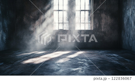 Room with a window and a wall. The room is empty and the window is letting in sunlight 122836067