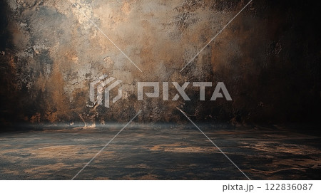 Large, empty room with a wall that is covered in rust and dirt. The room is bare and empty, with no furniture or decorations. The wall is covered in a thick layer of paint, giving it a worn Large, empty room with a wall that is covered in rust and dirt. The room is bare and empty, with no furniture or decorations. The wall is covered in a thick layer of paint, giving it a worn 122836087