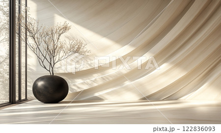 Black vase with a plant in it sits in a room with white walls and a window. The room is empty and has a minimalist feel to it Black vase with a plant in it sits in a room with white walls and a window. The room is empty and has a minimalist feel to it 122836093