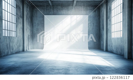 Large white wall with a window in the middle. The room is empty and has a cold, industrial feel 122836117