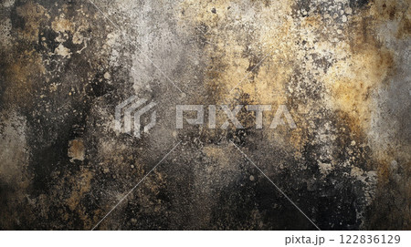 Wall with a lot of paint splatters and a few spots of gold. The wall appears to be old and worn, with a sense of decay and abandonment Wall with a lot of paint splatters and a few spots of gold. The wall appears to be old and worn, with a sense of decay and abandonment 122836129