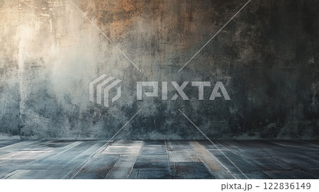 Large, empty room with a wall that is covered in graffiti. The room is bare and has a very industrial feel to it 122836149