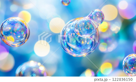 Series of colorful bubbles floating in the air. The bubbles are of various sizes and are scattered throughout the scene, creating a sense of movement and playfulness 122836150