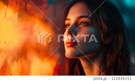 Woman with long dark hair and a red lipstick is looking at the camera. The image has a warm, orange glow that adds to the overall mood of the photo 122836151