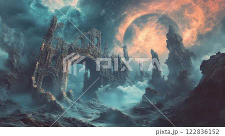 Desolate landscape with a large rock in the foreground and a small building in the background. The sky is cloudy and the sun is setting 122836152