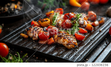 Plate of grilled chicken and tomatoes with herbs on top. The dish looks delicious and appetizing 122836156
