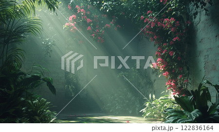 Lush green garden with a path leading through it. The sun is shining through the trees, casting a warm glow on the plants. The flowers are pink and the leaves are green. The scene is peaceful 122836164