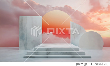 White and red archway with a cloud in the background. The archway is surrounded by white pillars and steps 122836170
