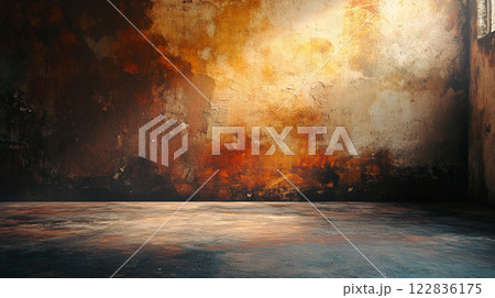 Large, empty room with a wall that is covered in graffiti and has a lot of rust Large, empty room with a wall that is covered in graffiti and has a lot of rust 122836175