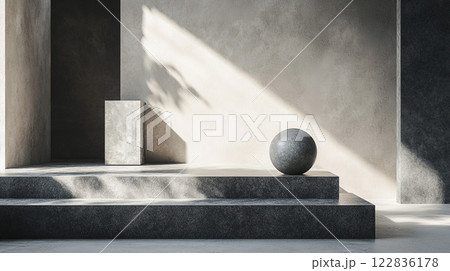Grey stone wall with a grey square and a grey ball on top of it. The scene is empty and has a minimalist feel 122836178