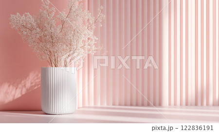 White vase with a flower in it sits on a pink wall. The vase is the main focus of the image, and the pink wall serves as a backdrop. The flower in the vase is the only other object in the scene 122836191