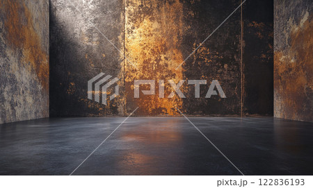 Room with a wall that is covered in rust and has a lot of texture. The room is empty and has a lot of space Room with a wall that is covered in rust and has a lot of texture. The room is empty and has a lot of space 122836193