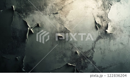 Wall with peeling paint and a grey background. The wall has a lot of cracks and holes, giving it a worn and aged appearance 122836204