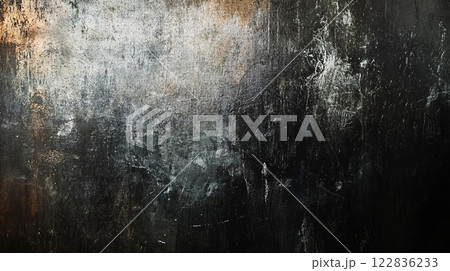 Black and white photo of a wall with a lot of paint splatters and graffiti. Scene is gritty and urban, with a sense of decay and abandonment. The wall appears to be in a state of disrepair 122836233