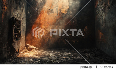 Dark room with a window and a vent. The room is empty and has a lot of dust 122836263