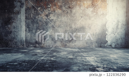Large, empty room with a wall that is covered in cracks and has a grey color. The room is bare and empty, with no furniture or decorations. Scene is one of emptiness and loneliness Large, empty room with a wall that is covered in cracks and has a grey color. The room is bare and empty, with no furniture or decorations. Scene is one of emptiness and loneliness 122836290