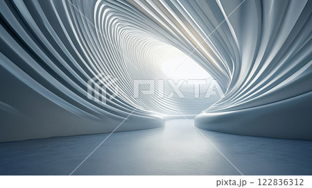 Large, curved space with a light shining through the center. The space is empty and features a lot of white lines 122836312
